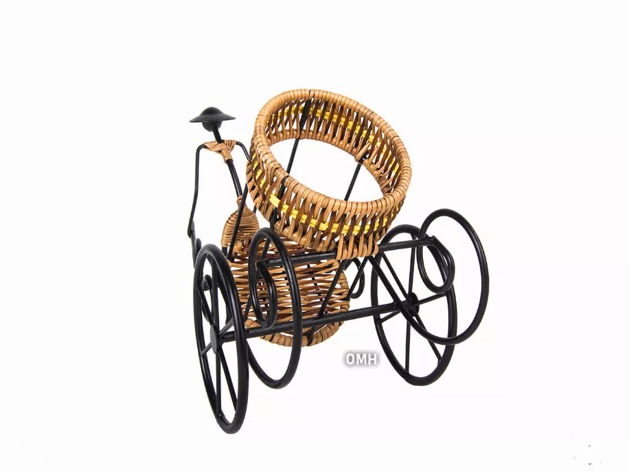 Rear view rickshaw-style wine bottle holder with wicker seat basket and wheels