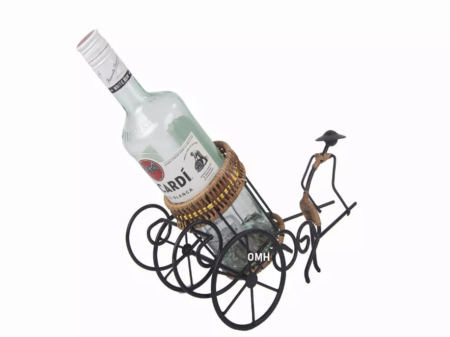 Wine bottle holder rickshaw cart with wicker basket and black metal wheels