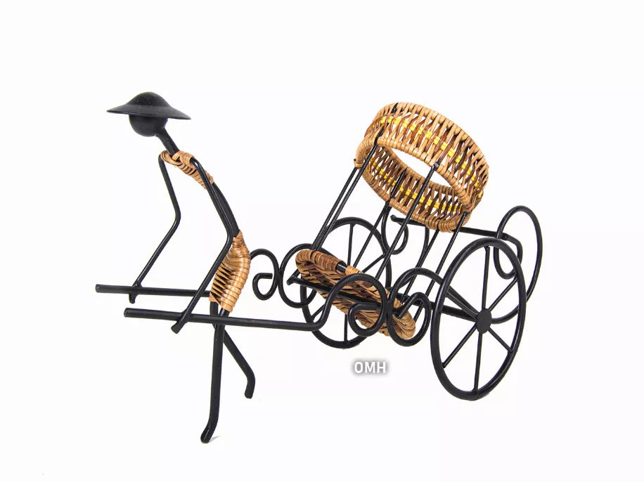 Side view rickshaw-style wine bottle holder with wicker basket and decorative frame