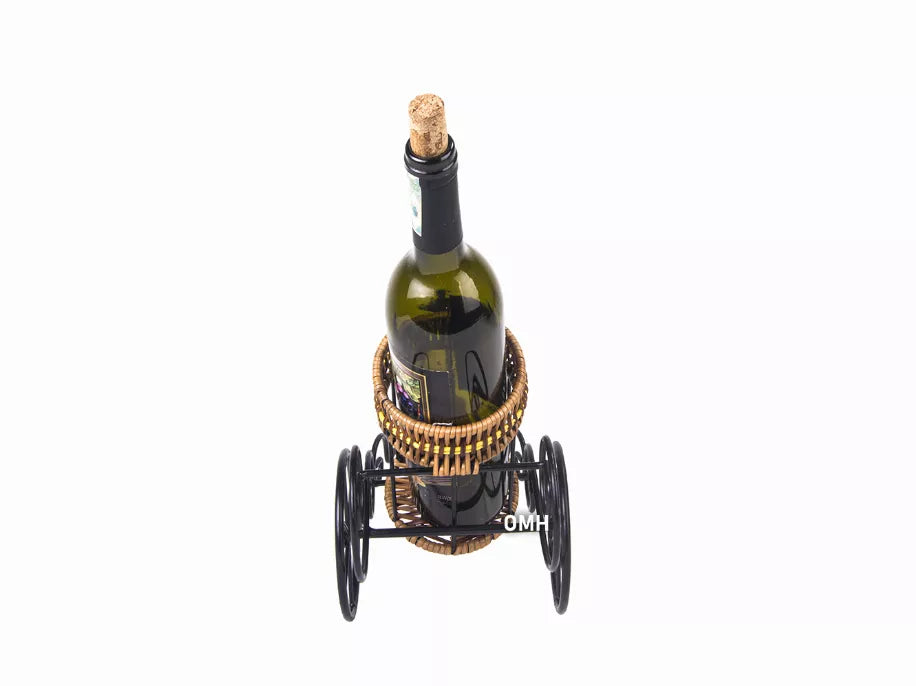 Front view of rickshaw wine holder cart with bottle and wicker basket
