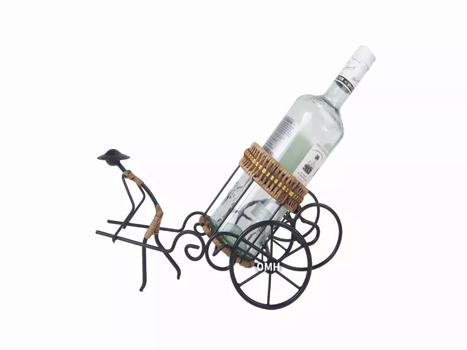 Wicker-basket rickshaw wine bottle holder with black metal cart and small wheels