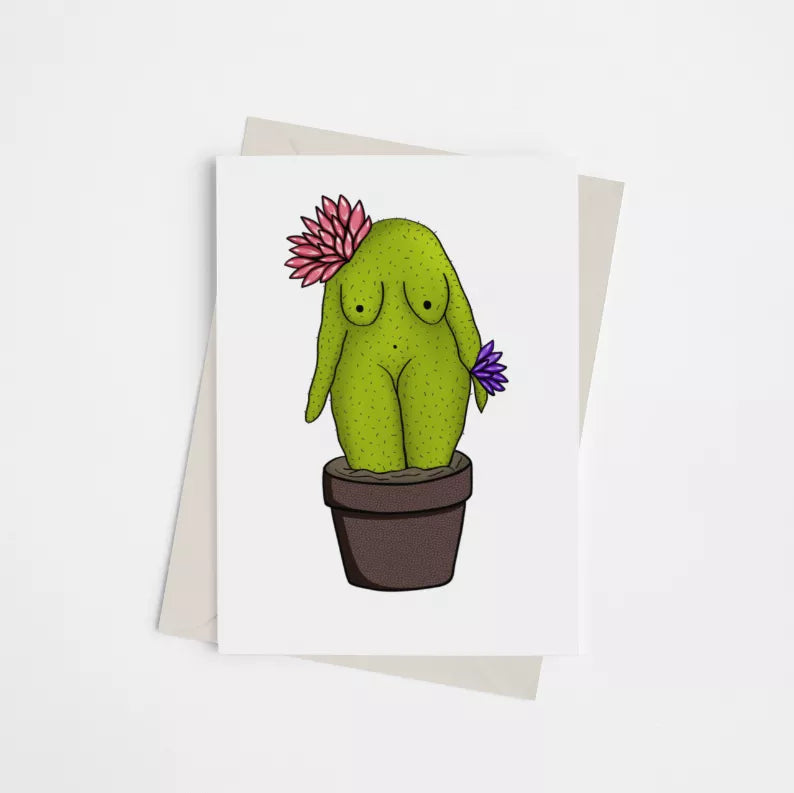 Greeting card with green cactus woman in a pot, pink flower bloom illustration