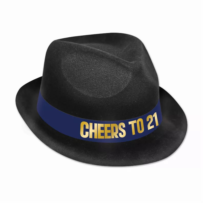 Black velour fedora with blue band reading 'CHEERS TO 21'