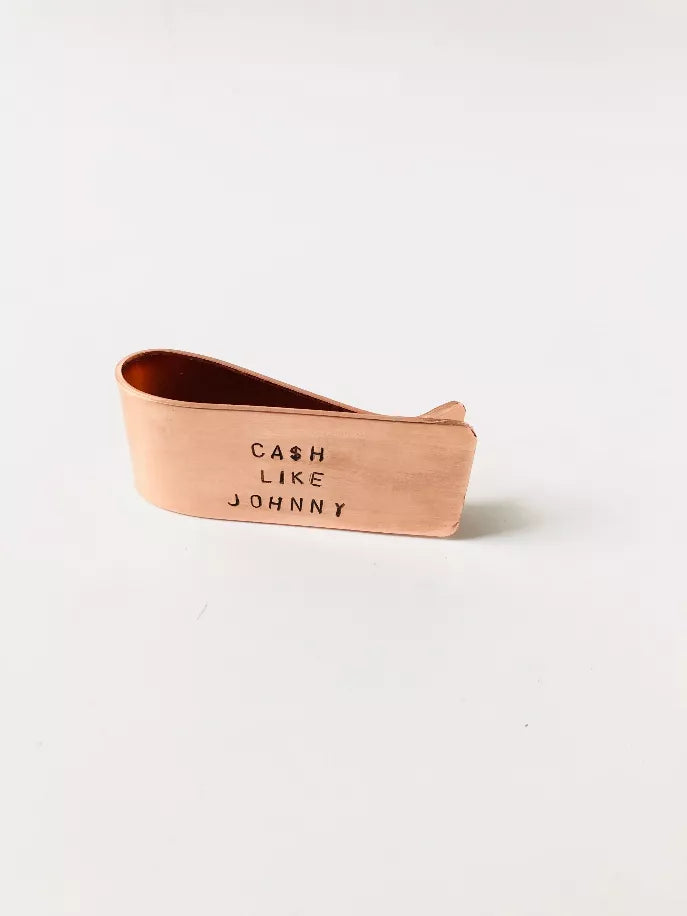 Copper money clip curved band with engraved “Cash Like Johnny”