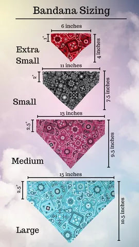 Set of triangle no-tie dog bandanas in pink, black, and blue paisley patterns