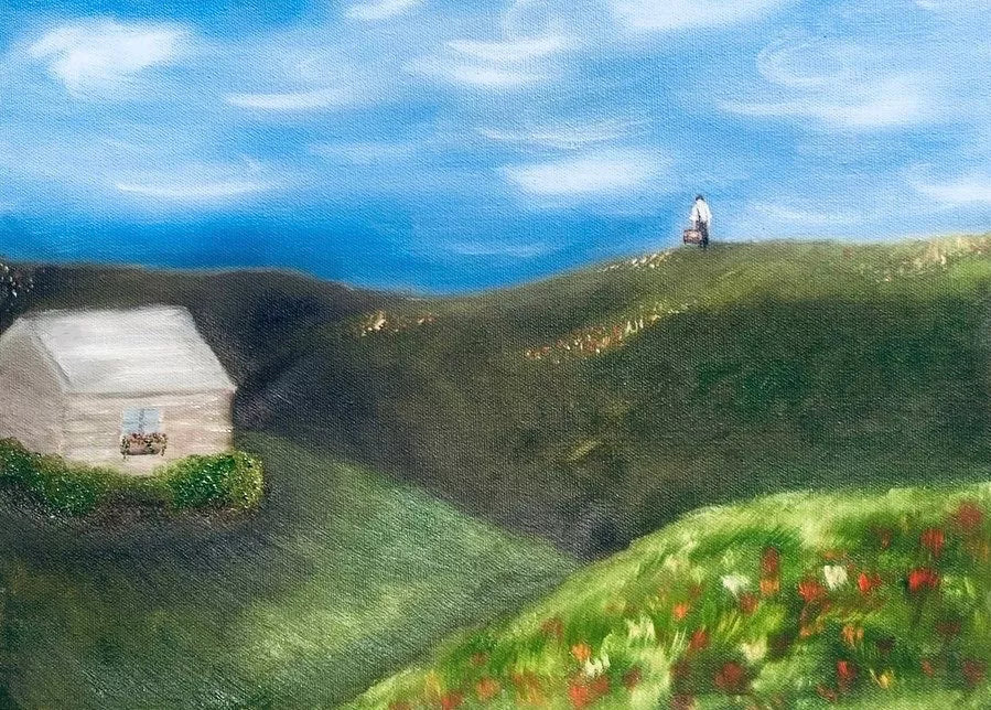 Landscape art print with green hills, small white cottage, and spring flowers in foreground