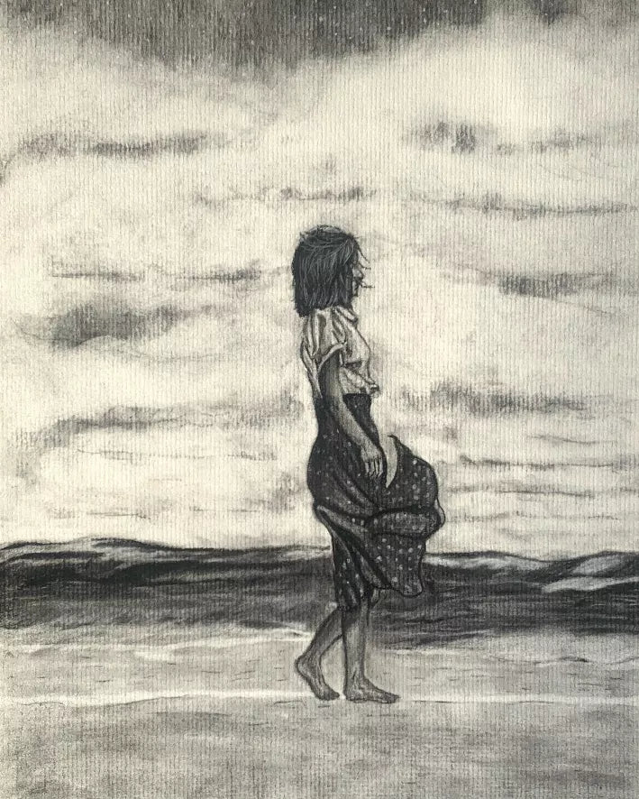 Close-up monochrome art print showing a standing woman silhouette in profile.