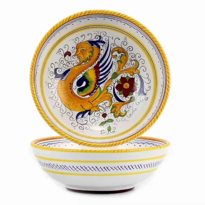 Pasta soup coupe bowl set of 2, white with yellow rim and colorful peacock motif