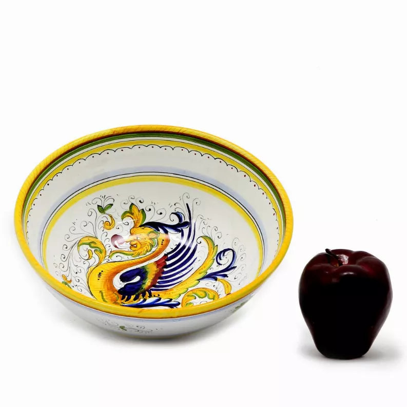 Pasta soup coupe bowl, white with yellow border, side view of peacock pattern
