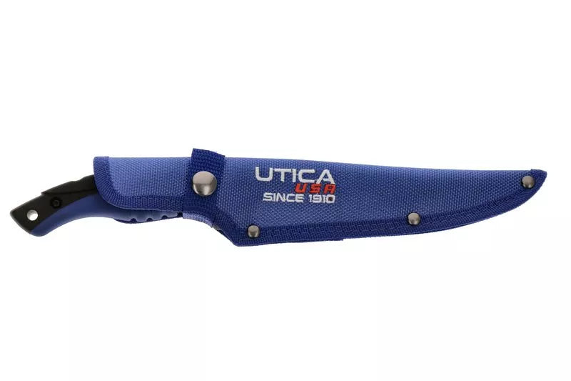 Fixed-blade knife with blue fabric sheath, black handle, and UTICA USA branding