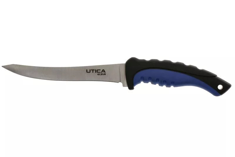 Fixed-blade knife with gray blade and blue-black handle, UTICA USA logo