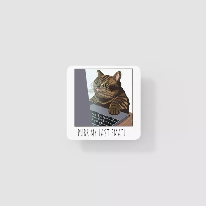 Square cat and laptop coaster with gray background and white border, text 'PURR MY LAST EMAIL...'