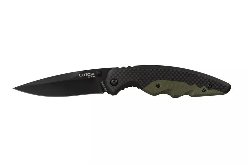 Folding knife with dark blade and camo-textured handle, visible screws and pivot