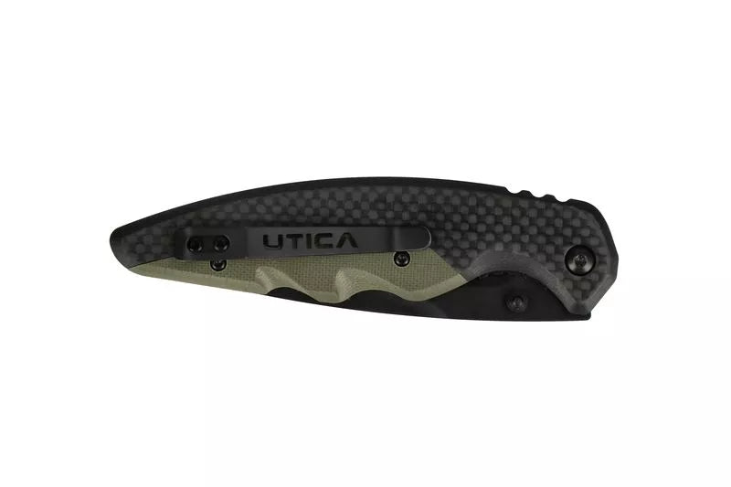 Folding knife handle with UTICA logo, dark textured grip and olive camo inlay