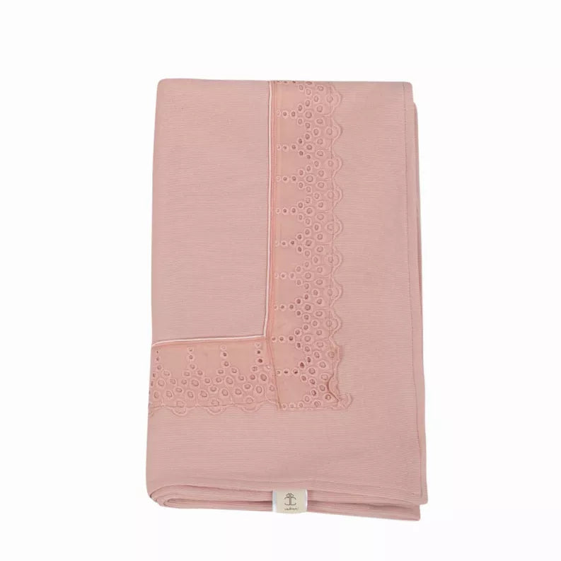 Rosette pink blanket with lace scallop panel and stitched edge