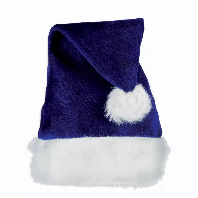 Plush dark blue hat with white fluffy brim and small white pom on side