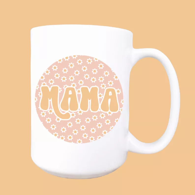 White ceramic coffee mug with floral circle 'MAMA' and large handle