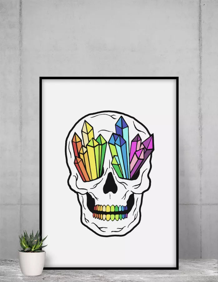 Framed crystal skull artwork with multicolor faceted crystals and black outline