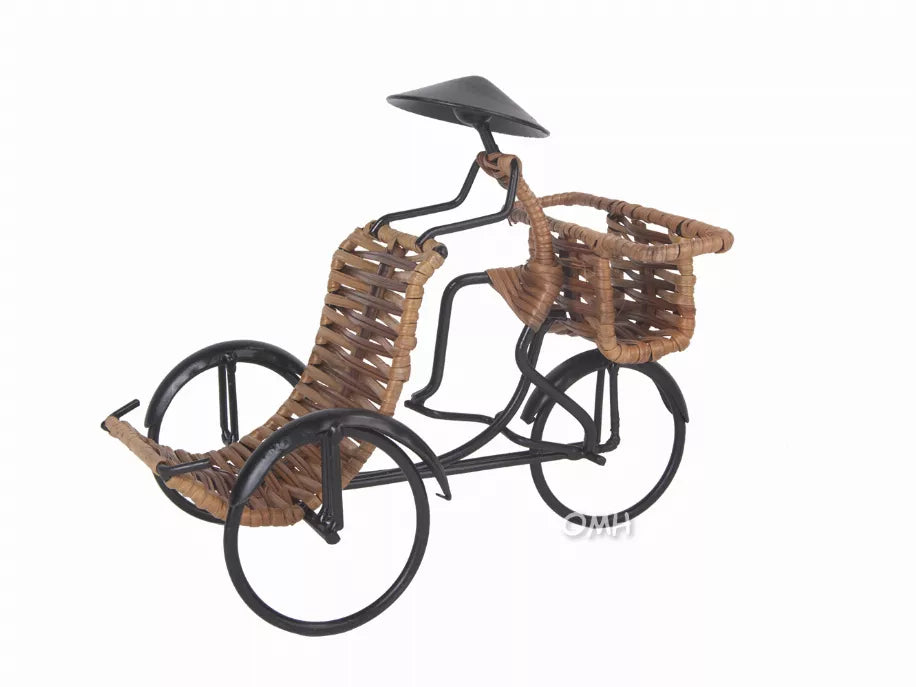 Woven rickshaw card holder with front bench, canopy, and black spoke wheels