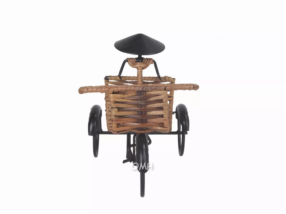 Woven rickshaw card holder with front panel and black wheel supports