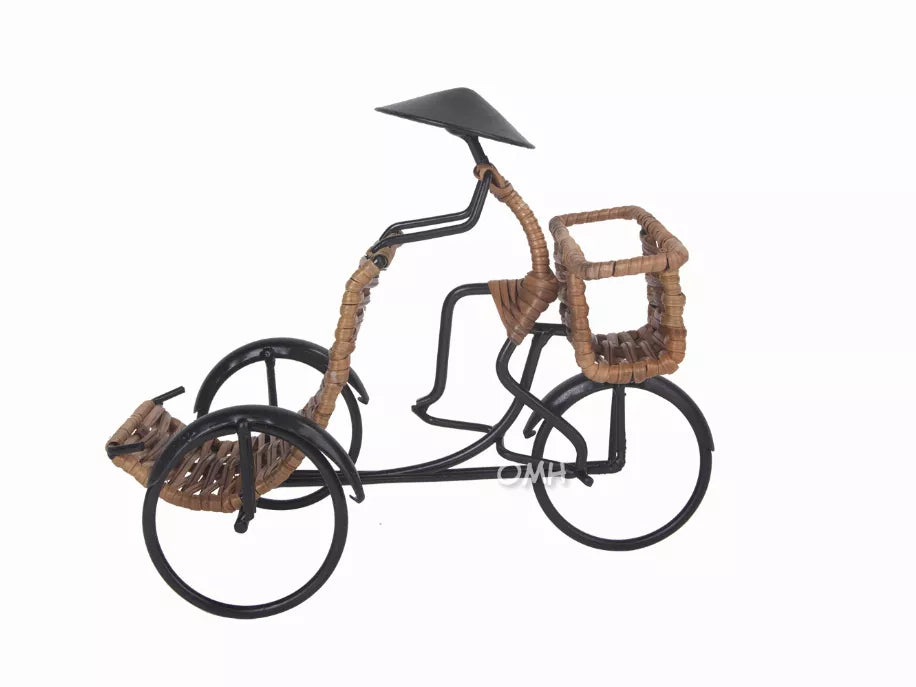 Woven rickshaw card holder with side basket and black wheels