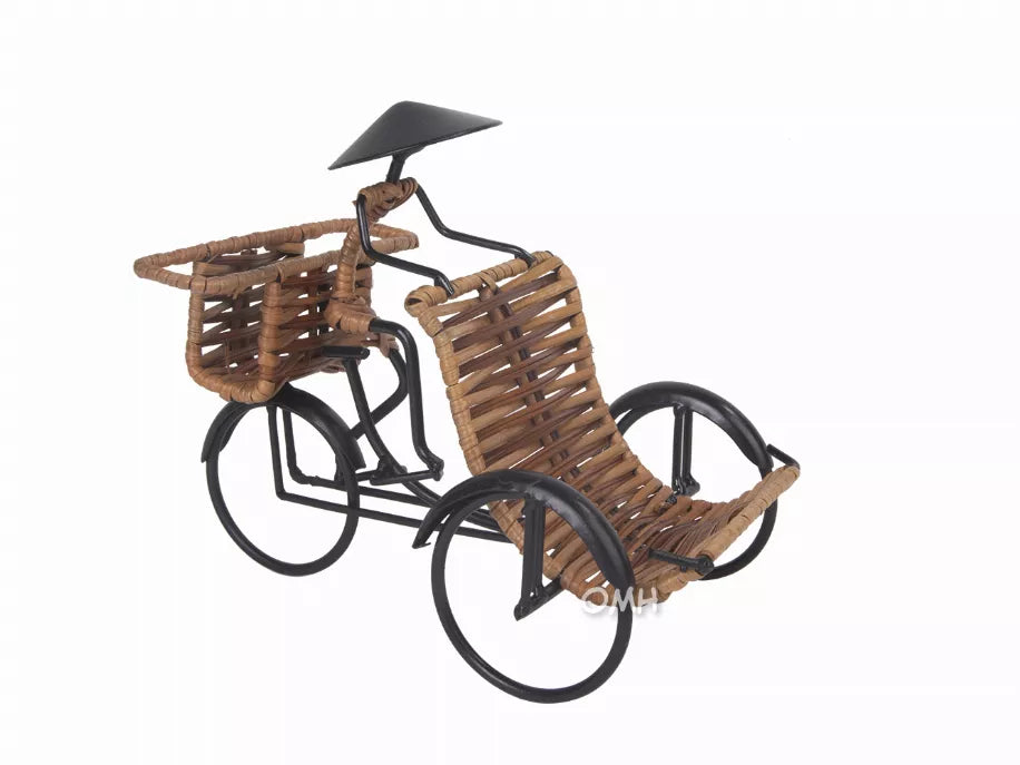 Woven rickshaw card holder shown from the side with black frame and wheels