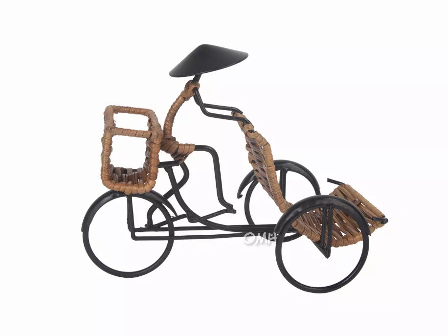 Woven rickshaw card holder with side bench, black wheels, and canopy
