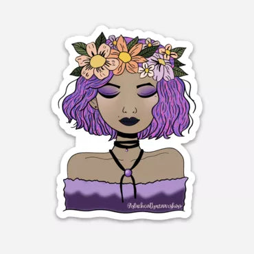 Flower girl sticker of a girl with purple hair, flower crown, and dark choker