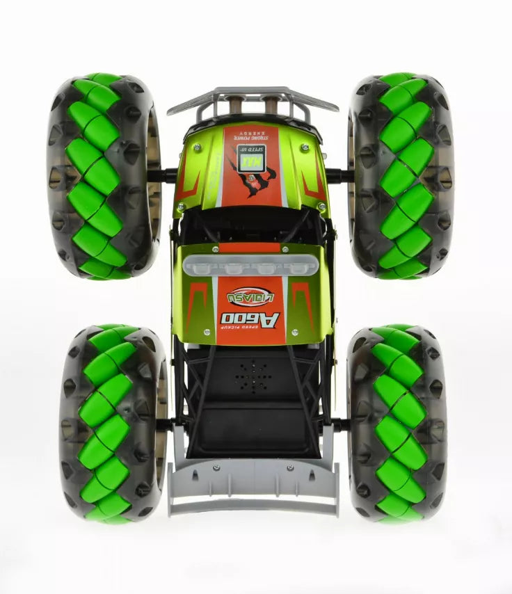1:10 scale monster truck toy top and front view with green tread wheels