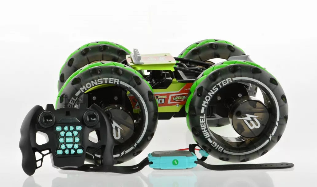1:10 scale monster truck toy with green wheels and turquoise remote controller