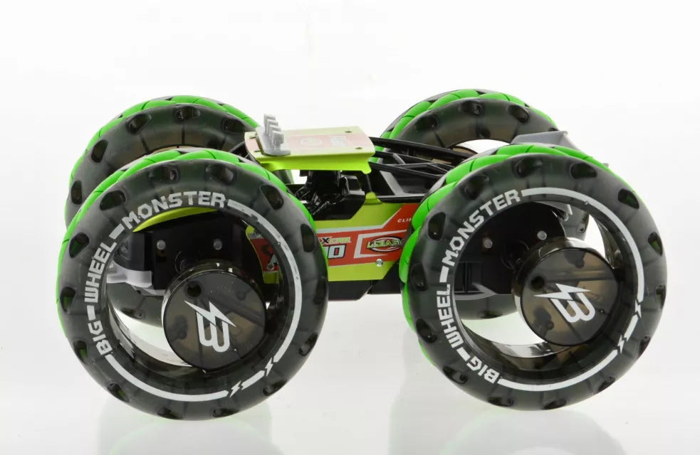 Monster truck toy wheel pair with green segments and “WHEEL MONSTER” lettering