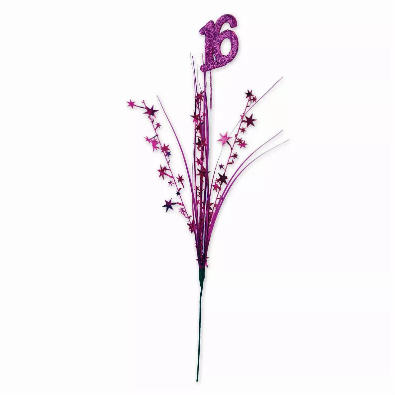 Metallic star spray with glittered purple “6” topper and purple star confetti strands