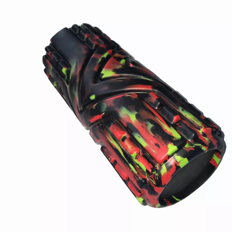 Ribbed muscle knot release foam roller, black with red and green cosmic tie-dye.