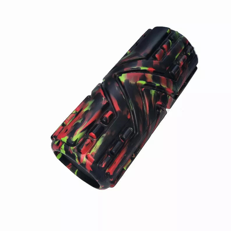 Ribbed foam roller with knot-release texture, black cosmic tie-dye in red and green.
