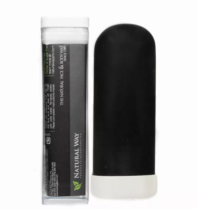 Hard wax body stick with black wax in clear applicator container