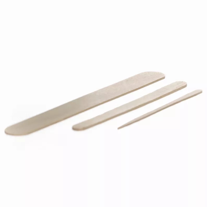 Wax applicator spatulas, assorted sizes of light tan wooden sticks