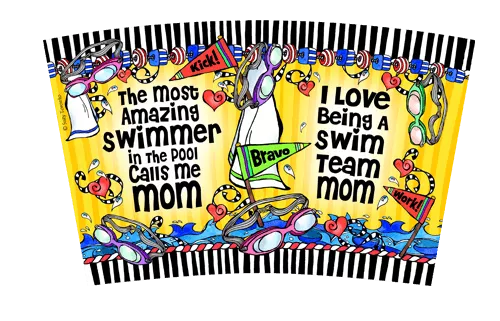 Stainless steel tumbler with yellow swim-themed graphic and 'I love being a swim team mom'