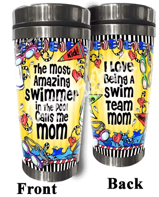 Two stainless steel tumblers with yellow swim mom graphic and silver lids