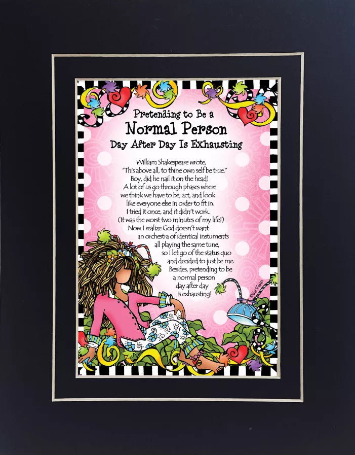 Black framed inspirational quote print with colorful cartoon characters and text