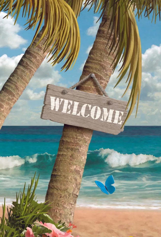 3D welcome magnet with wooden plank on palm trunk and blue butterfly