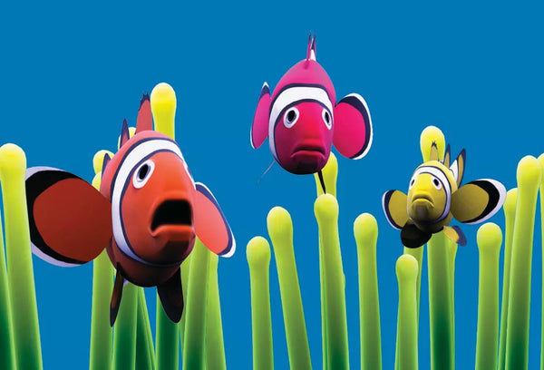 Clownfish motion magnet, cartoon fish face figure with green reed stems