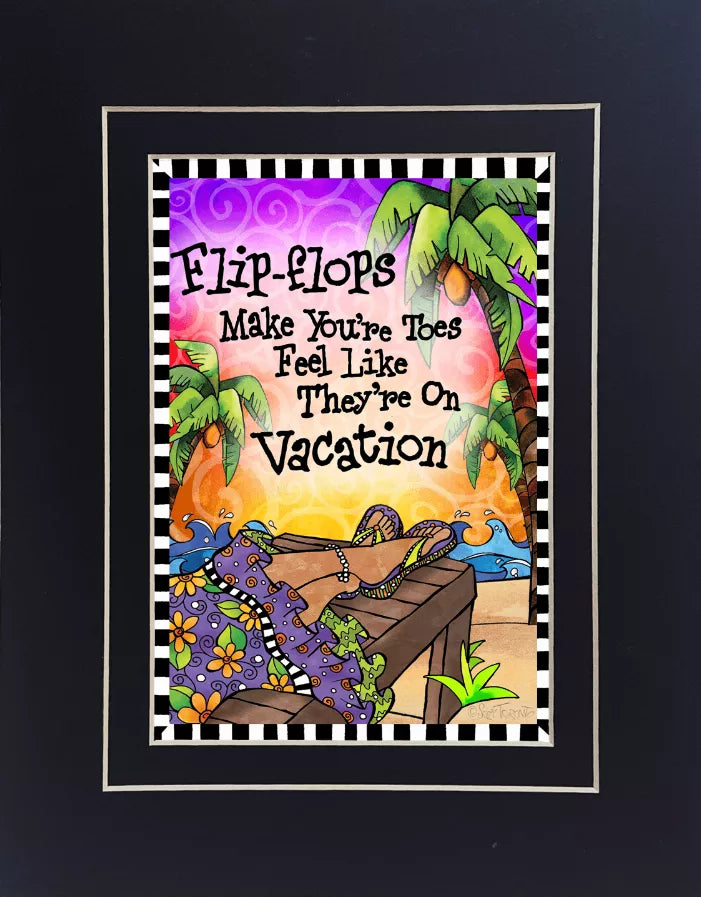 Black framed flip-flops illustrated wall art with tropical flowers and beach scenery