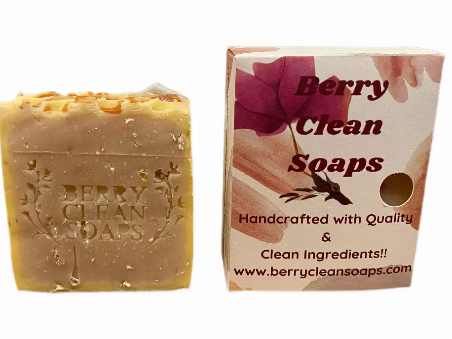 Honeycomb soap bar and Berry Clean soaps cardboard box with side cutout