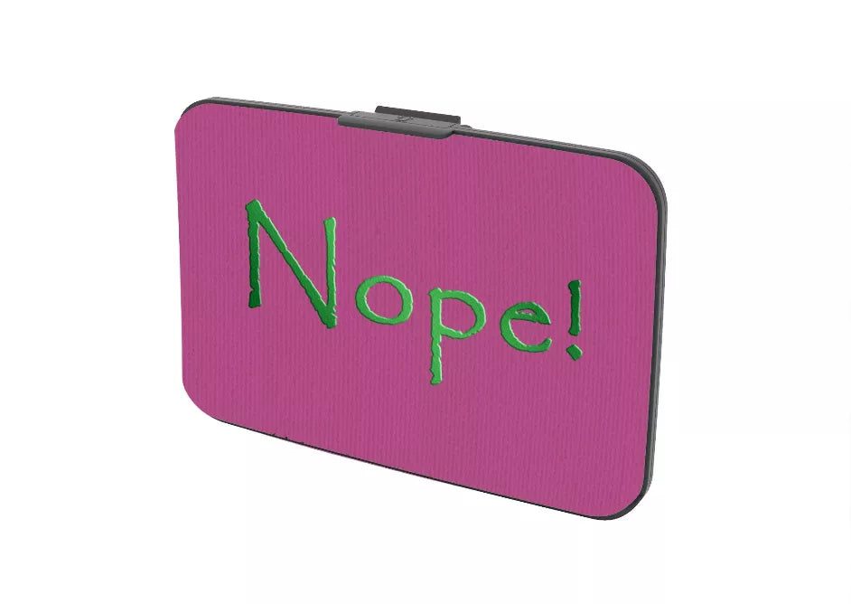 Purple canvas security wallet with green "Nope!" front print and black edge clasp