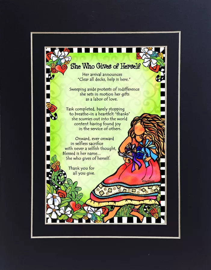 Black-framed inspirational quote print with illustrated woman and flowers.