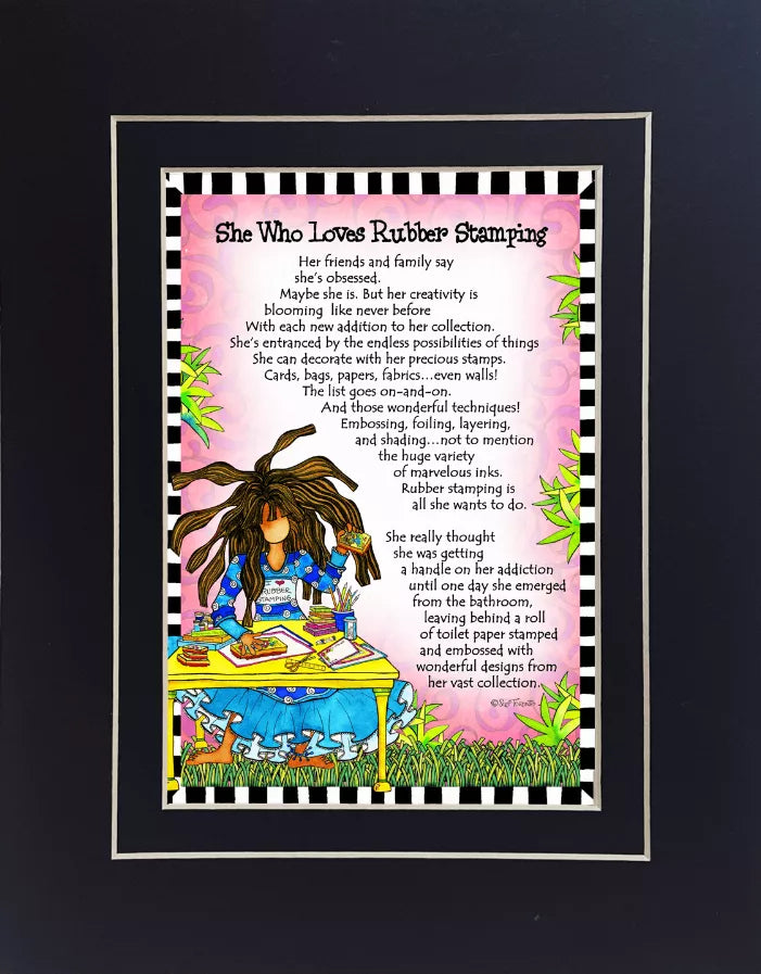 Framed 8x10 rubber-stamped art print with colorful scene and quote text