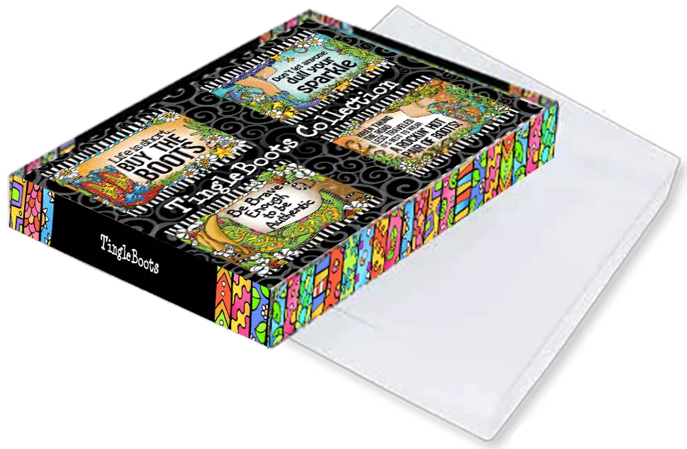 Note card set in a black box with colorful boot and quote designs, plus an unprinted white card sheet.