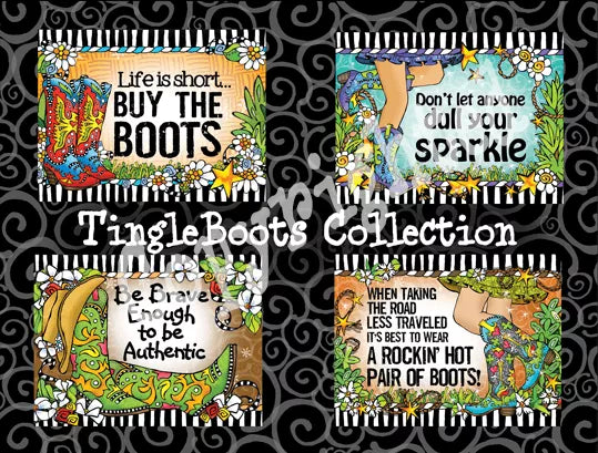 Tingle Boots Collection note card assortment with four colorful quote designs on patterned background.