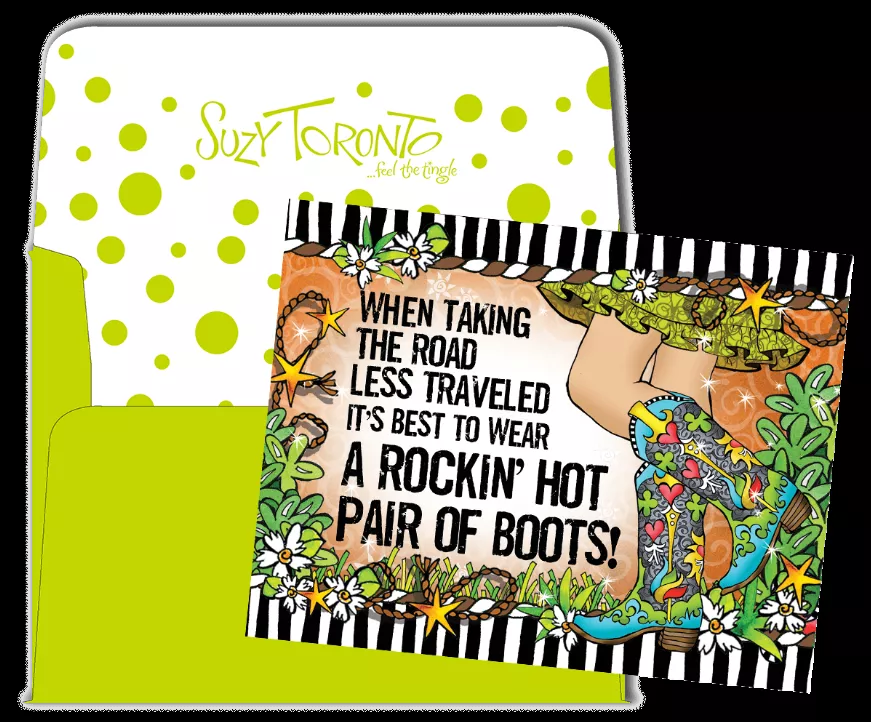 Note card showing boot artwork and quote: “WHEN TAKING THE ROAD… pair of boots!”