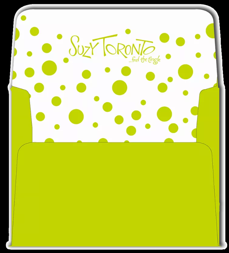 Note card envelope with lime polka-dot print and “Suzy Toronto” text above the green flap.